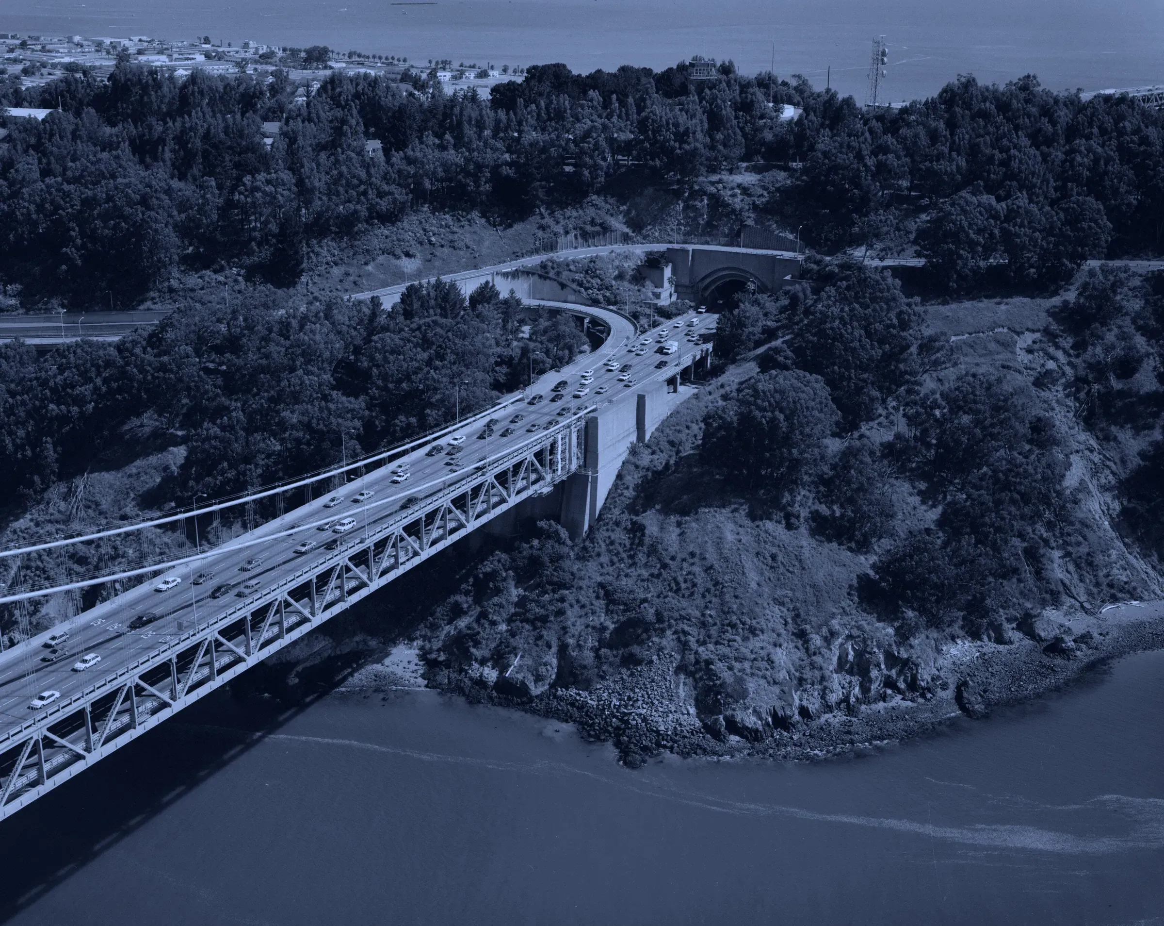 Suspension bridge stiffening truss and anchorage, San Francisco-Oakland Bay Bridge
