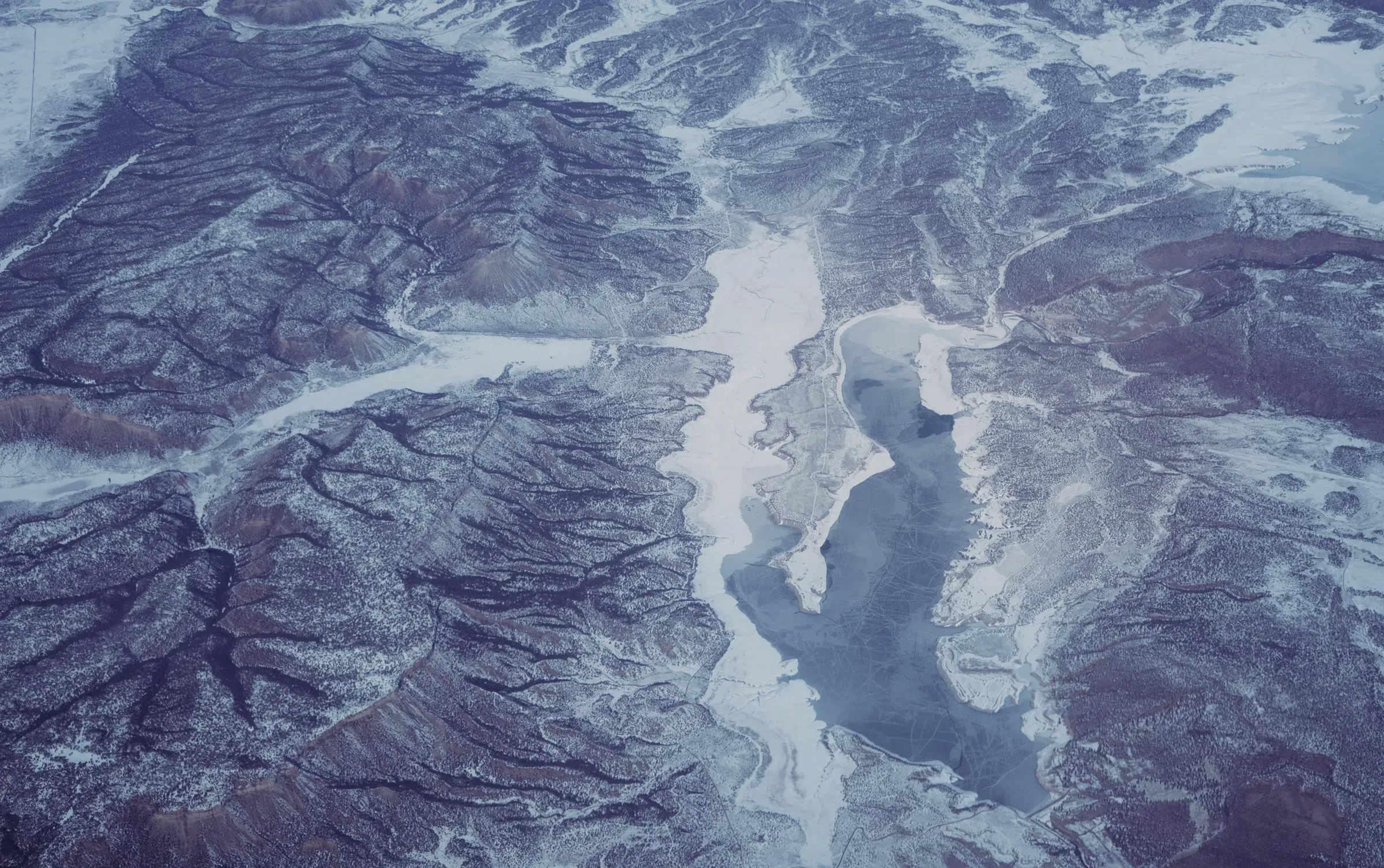 El Vado Reservoir and the Rio Chama from the air, New Mexico
