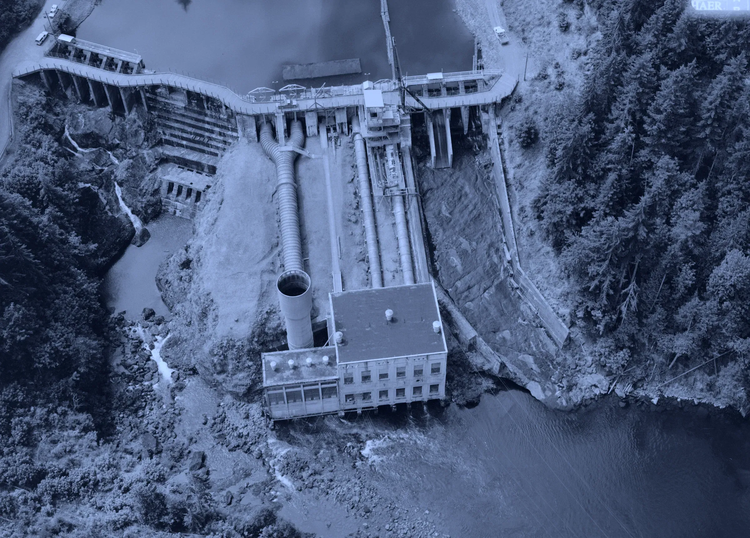 Elwha Dam and powerhouse from the air, Washington