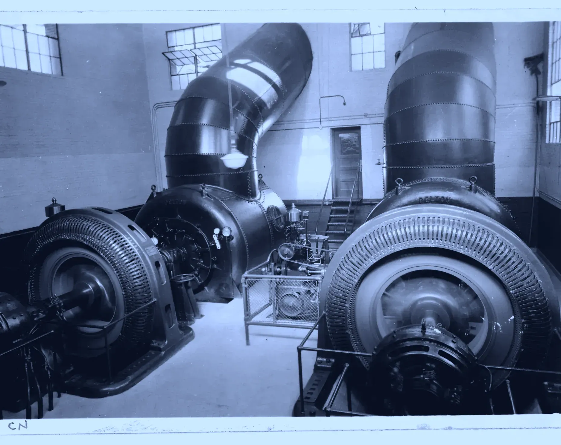 Generators and turbines in operation, Enloe Dam powerhouse, Washington